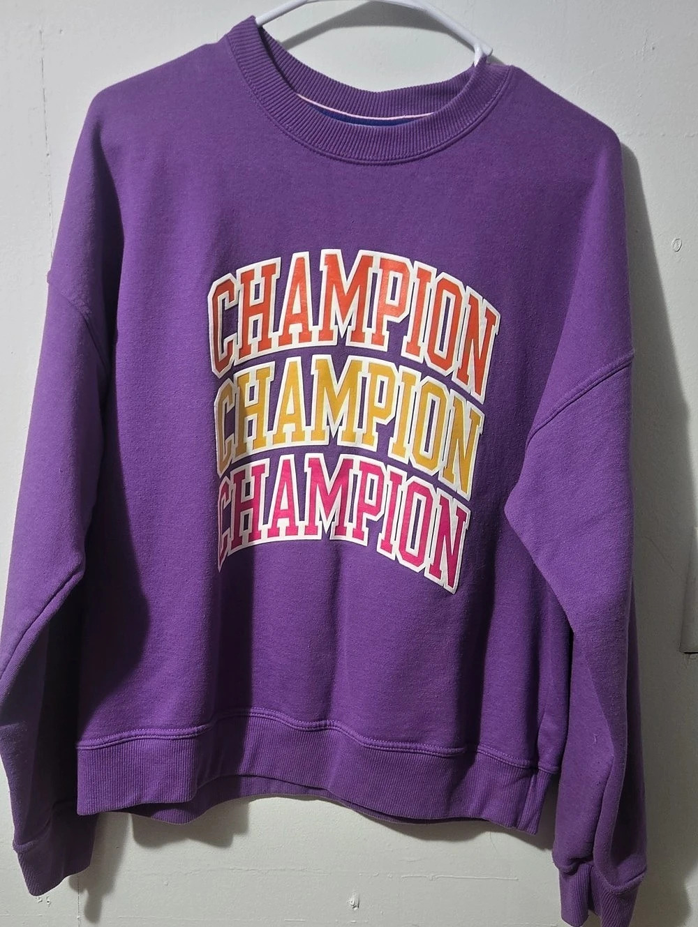 Champion Purple Crewneck Sweatshirt with Multicolor Stacked Logo Graphic